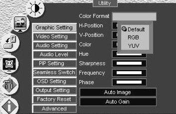 Controlling the VP-725DSA Presentation Switcher / Scaler Figure 37: Graphic Setting Color Format Utility Screen