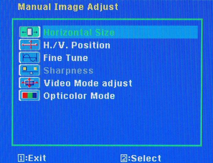 MANUAL IMAGE ADJUST This function adjusts the image of the monitor. 1. Press [1] to open the OSD then highlight MANUAL IMAGE ADJUST by pressing the or buttons. 2. Press [2] to enter the function. 3.