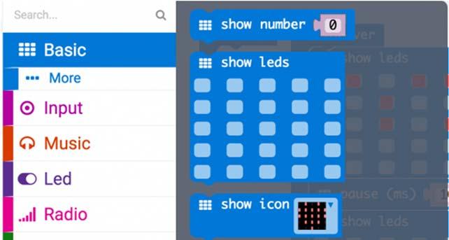 It will expand into a number of options. Click and drag the show leds block over and place it inside of your forever block.