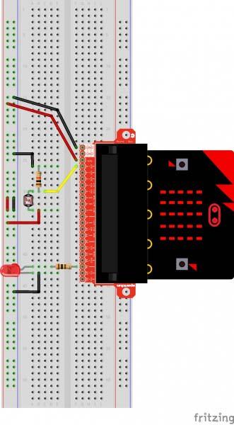 To use this with the micro:bit, you will need to build a voltage divider with a 10kΩ resistor, as shown in the wiring diagram for this experiment.