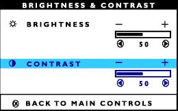 The OSD Controls 4) Press the or button to adjust the brightness. An 80% brightness is recommended. 5) When finished with BRIGHTNESS, press the button until CONTRAST is highlighted.