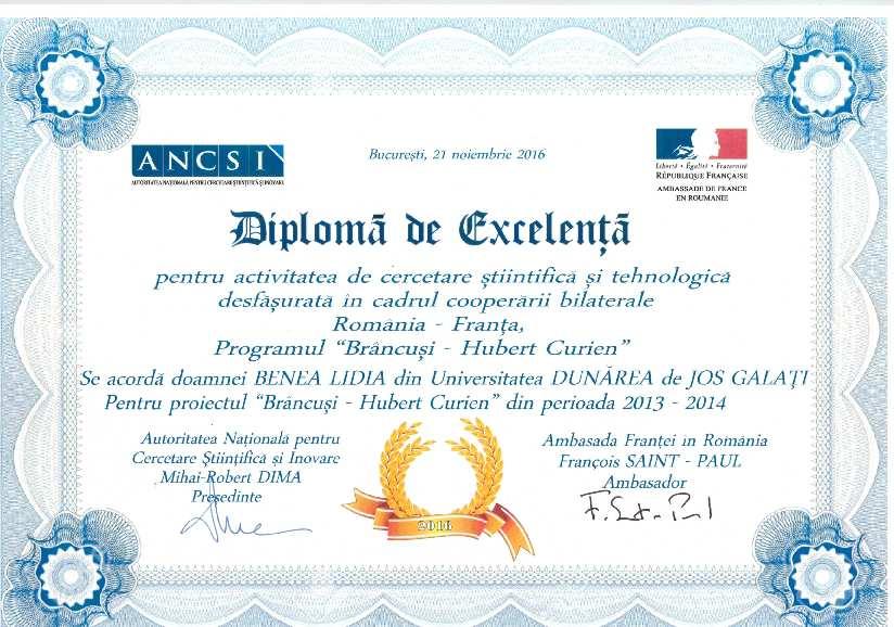 EXCELLENCE DIPLOMA for Scientific and Technological Research Activity done in the frame of Bilateral cooperation Romania -