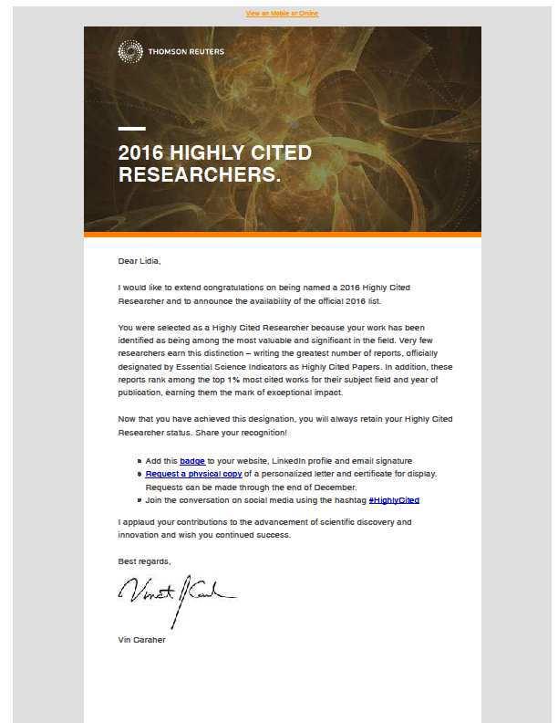 THOMSON REUTERS - 2016 HIGHLY CITED RESEARCHERS. Septembrie 2017 Prof. Univ. Dr.