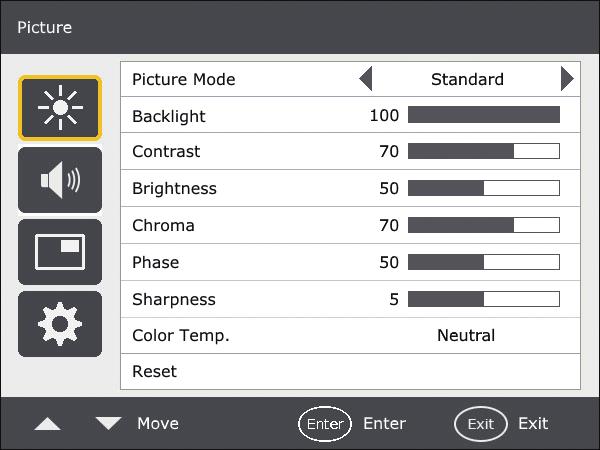 Picture Menu Picture Menu Picture Mode Sets the display mode. Standard This is the standard setting. Vivid Displays the image so it is brighter and more vivid.