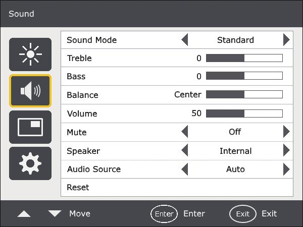 Sound Menu Sound Menu Sound Mode Treble Bass Balance Volume Mute Speaker Adjusts the sound output from the speakers. Dynamic: Enhances treble and bass. Standard: Flat settings.