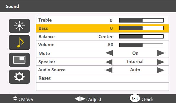 16 4. The On-Screen Display menu Sound menu Name Treble Bass Balance Volume Mute Speaker Description Adjusts the audio treble. Adjusts the audio bass. Adjusts the audio balance.