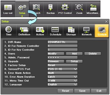 6-7 System [Figure 6-44. System Setup Window] 1. DVR Name Used to name the DVR device. 2. ID For Remote Controller Used to name the remote controller for running the system. 3.