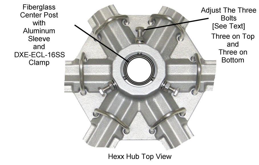 Make certain that the plane of the hub is perpendicular to the post so the post and hub are concentrically spaced through the hub with the mast mount hardware equally tightened.