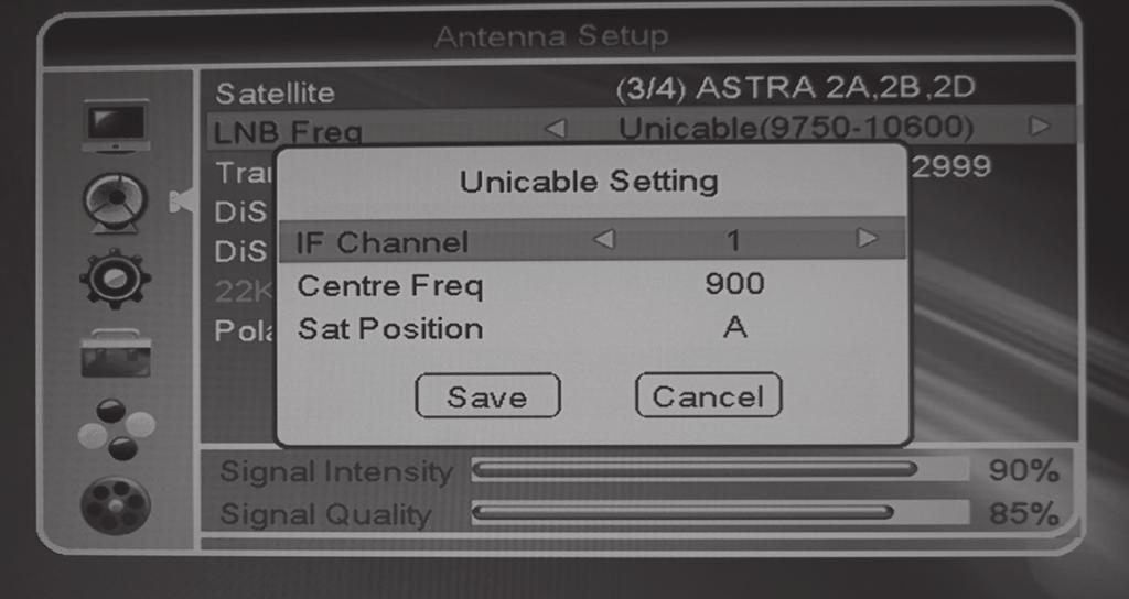 Antenna Setup Instruction for the presetting fixed antenna > Satellite: Satellite selection. Here, all satellites enabled in the submenu Satellite list are listed. Select the satellite to be edited.