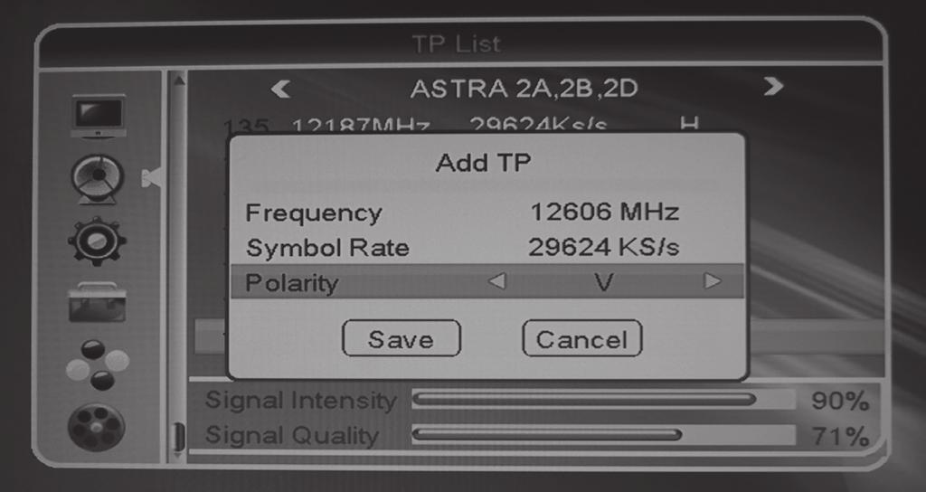TP list In this submenu, you can edit the transponders of the satellites enabled in the submenu item satellite list. > Edit (red function key): Editing of the parameters of the marked transponder.