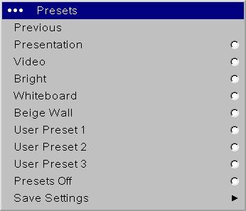 Presets: Presets are provided that optimize the projector for displaying computer presentations and video images in different lighting conditions and on different backgrounds.