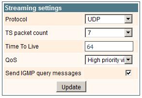 In the "Common status" table the following parameters are displayed at real time: input bit rate in Mbps, output bit rate in Mbps, processor load in percents, internal temperature in degrees of