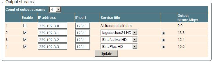 The "Output streams" table is used to individually configure the output streams.the "Streaming settings" table is used specify common streaming parameters to all output streams.