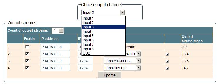 For configuration of output streams select one of eight demodulators named "Input 1-8" or "" in the of input channel selection box. See figure 15.