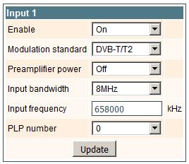 The "Input 1-4" table of the module DVB-C standard Once the different data values have been entered, click on Update to conclude the input settings. 7.4.1. Input status table (only in module) 8 Figure 13.