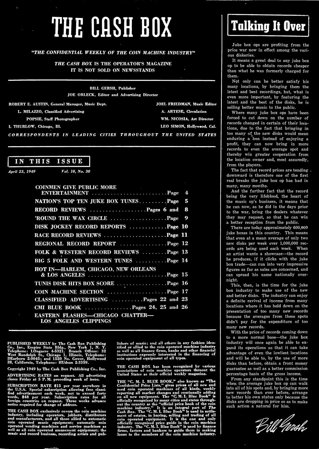 WESTERN TUNES Page 14 HOT N HARLEM, CHCAGO, NEW ORLEANS & LOS ANGELES Page 15 TUNS DSK HTS BOX SCORE Page 16 CON MACHNE SECTON Page 17 CLASSFED ADVERTSNG Pages 22 and 23 CM BLUE BOOK Pages 24, 25 and