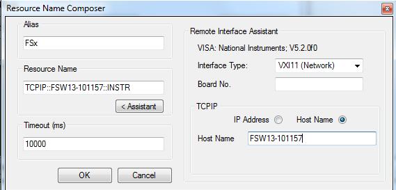 Appendix Fig. 4-5: Wizard for entering VISA parameters. Both the IP address and a host name can be entered directly.