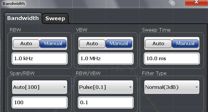 4. Set the Channel Bandwidth to 200 khz 5. Press Overview and select "Bandwidth" Fig. 3-92: OBW: set the bandwidth and sweep. 6.