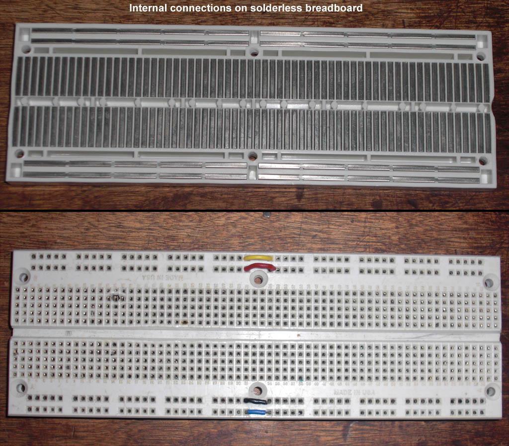 Each of the three solderless breadboard strips consists of columns of five contacts above and below a central horizontal trench: Normally, you will place ICs (integrated circuits in DIP