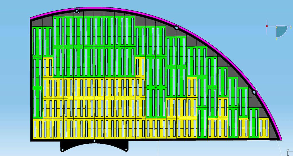 One quadrant of XUV end cap: present design 1m 3 XUV plans tilted by 60 o 2,2m Made of modules with 2 (yellow) or 3 (green)