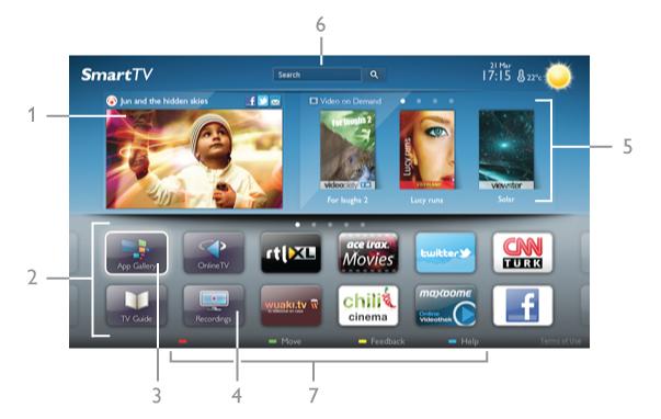 Open Smart TV To open the Smart TV start page, press Smart TV. Alternatively, you can press h, select Smart TV and press OK. With Search, you can search the App gallery for relevant Apps.