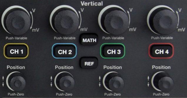 Vertical Controls WaveAce 1000/2000 Volts/Div knobs (CH1-4, pictured) - Turn to adjust the volts/division setting (vertical gain) of the corresponding channel (CH1-4).