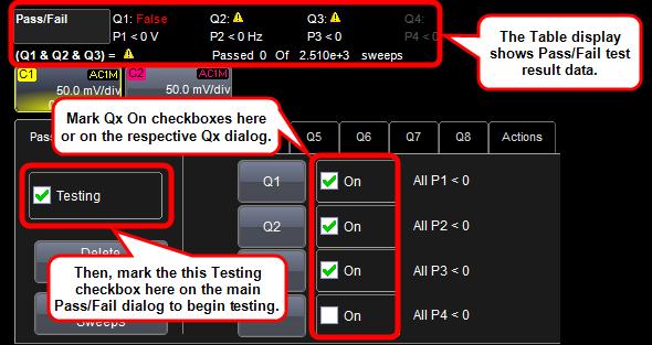 Getting Started Manual When you have each of the Qx dialogs configured and enabled as desired, you can then begin your testing and turn them all on or off using the Testing checkbox on the main