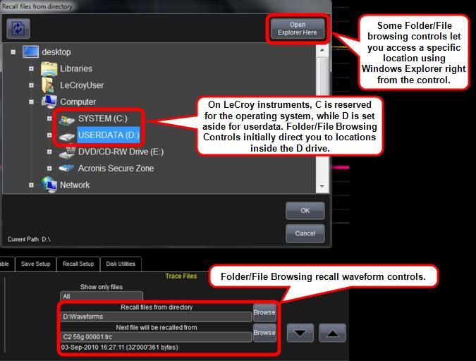 FOLDER/FILE BROWSING CONTROLS Getting Started Manual These controls allow for navigation to or from folders (on the hard drive or memory device) for retrieving or storing items such as waveforms,