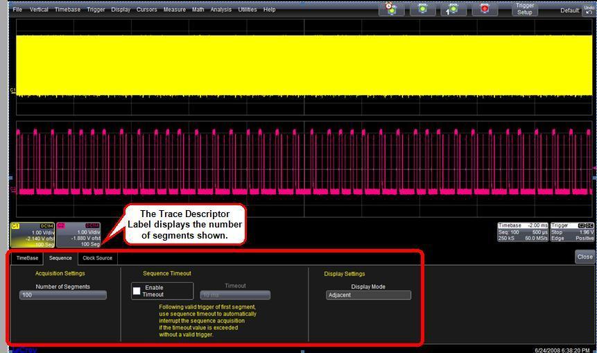 The oscilloscope uses the sequence timebase setting to determine the capture duration of each segment.