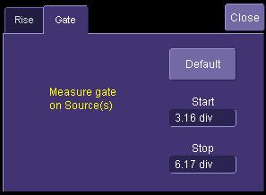 The default starting positions of the gate posts are 0 div and 10 div, which coincide with the left and right ends of the grid. The gate, therefore, initially encloses the entire waveform.