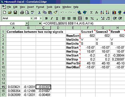 WAVERUNNER XI SERIES This example used the CORREL (Array1, Array2) function of Excel, as follows: Multiple Traces on One Grid (Excel Example 4) This
