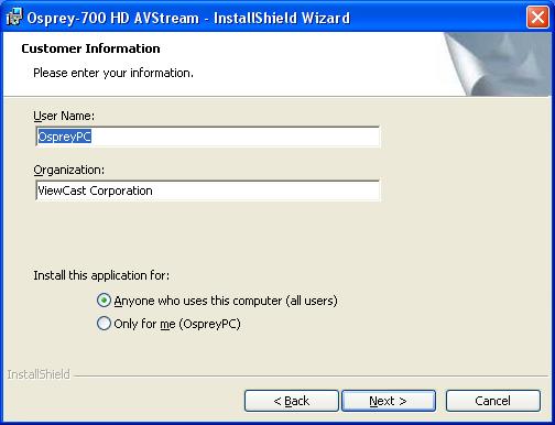 Chapter 1 4. The Osprey-700e HD AVStream InstallShield Wizard window appears.