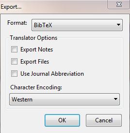 e.g. Western (check whether accents are replaced correctly, e.g. {\ o} for ö) (maybe activate Zotero Preferences Export char.