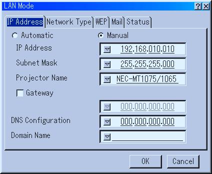 Setting LAN Mode This feature allows you to set various setting items when the projector is used on your network. Consult with your network administrator about these settings.