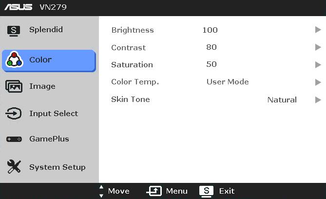 2. Color You can adjust Brightness, Contrast, Saturation, Color Temp., and Skin Tone from this menu. Brightness: the adjusting range is from 0 to 100. is a hotkey to activate this function.