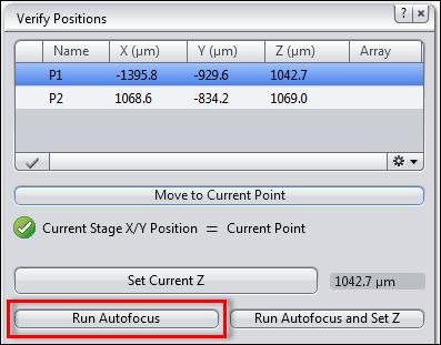 Alternatively double click on the list entry to move the stage to that position. 13. Click on Run Autofocus button.