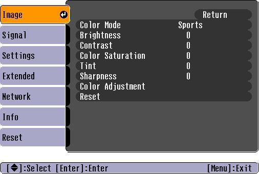 List of Functions 31 Image Menu Items that can be set vary depending on the image signal currently being projected as shown in the following screen shots.