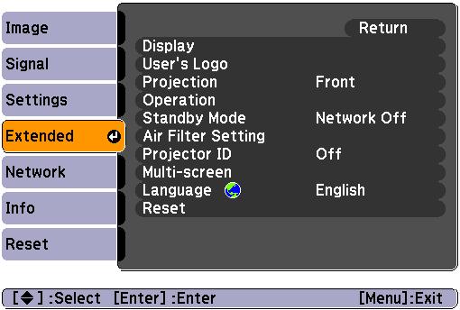 List of Functions 35 Extended Menu Display Sub Menu Function You can make settings related to the projector's display.