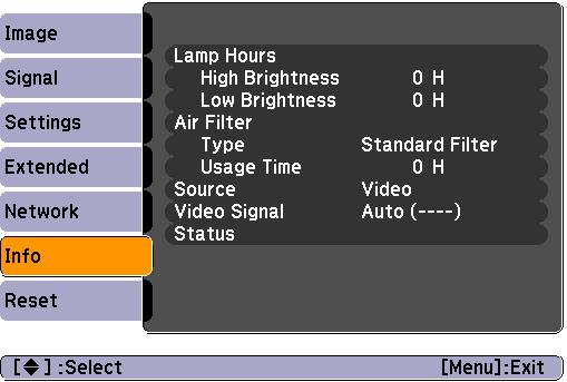 List of Functions 40 Info Menu (Display Only) Lets you check the status of the image signals being projected and the status of the projector.