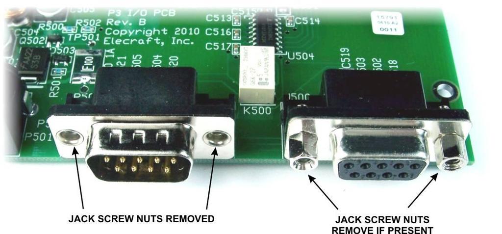 Remove the I/O printed circuit assembly from its anti-static packaging and check to see if either of the two multi-pin connectors have jack screw nuts installed (see Figure 14).