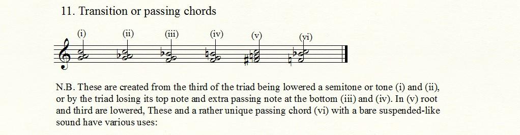 Transition chords are aurally reminiscent of traditional triadic music as they sound like a 2/3/5 suspension.