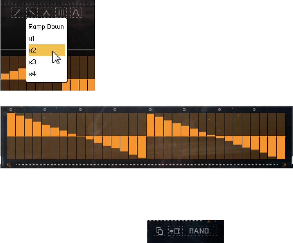 Below each of the sequences is a row of 5 buttons which populate the sequences with preset shapes. These are (from left to right): Ramp Up Ramp Down Triangle Comb Sine 1.