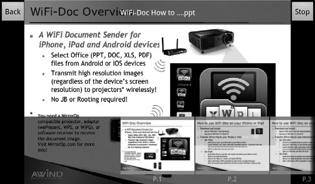 On the tablet computer, tap the WiFi-Doc icon to turn on WiFi-Doc. The program starts to search for projectors.