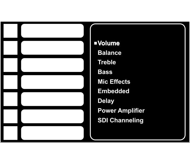 6.3 The Audio Menu Figure 19: Audio Menu Setting Volume Balance Treble Bass Mic Effects Function Set the input/output volume level [db], see Figure 20 E.