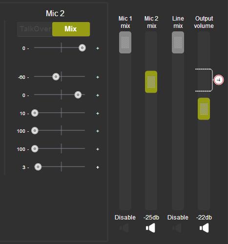 If, for example, Mic 2 is set to Mix, the Mic 2 slider is enabled and you can set the mix level: Figure 75: The Audio Settings Page Setting the Mix Level You can set the maximum value of the Output
