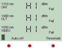Pass/Fail Normal Signal (wavelength) Correction factor not equal to 0 db Power levels (dbm only) Status LEDs are on: Green (Pass), Yellow (Warning), Red (Fail) Power levels (dbm; db only possible