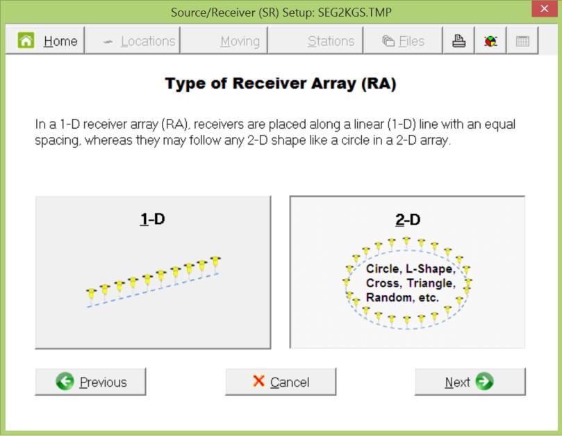 For Combined surveys the following dialog allows you to choose the type of receiver array (1-D or 2-D).