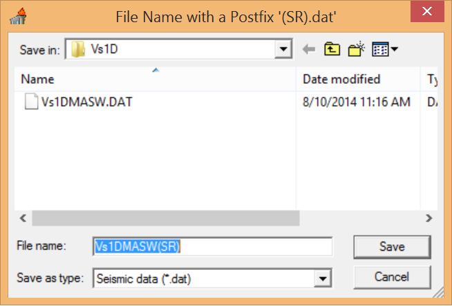 It will ask for output file name first. Default output file name is "Vs1DMASW(SR).DAT.