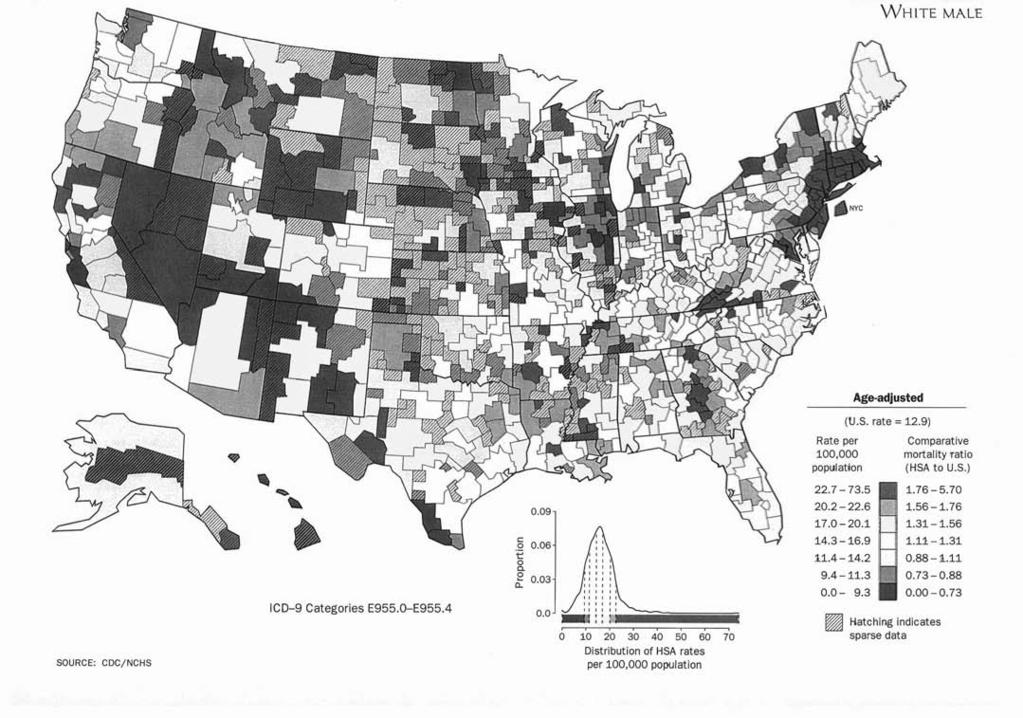 a. Figure 1a-e. Age-adjusted death rates for fi rearm suicides for white males, 1988 1992.