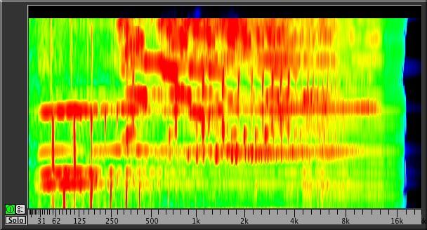 Instruments Figure 3.36: Spectragram (horizontal orientation) Time runs from right to left, with higher levels indicated by brighter colors.